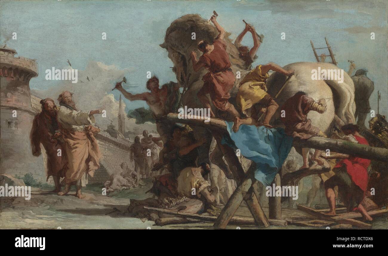 La construction du cheval de Troie. Musée : National Gallery, Londres. Auteur : TIEPOLO, Giovanni Domenico. Banque D'Images