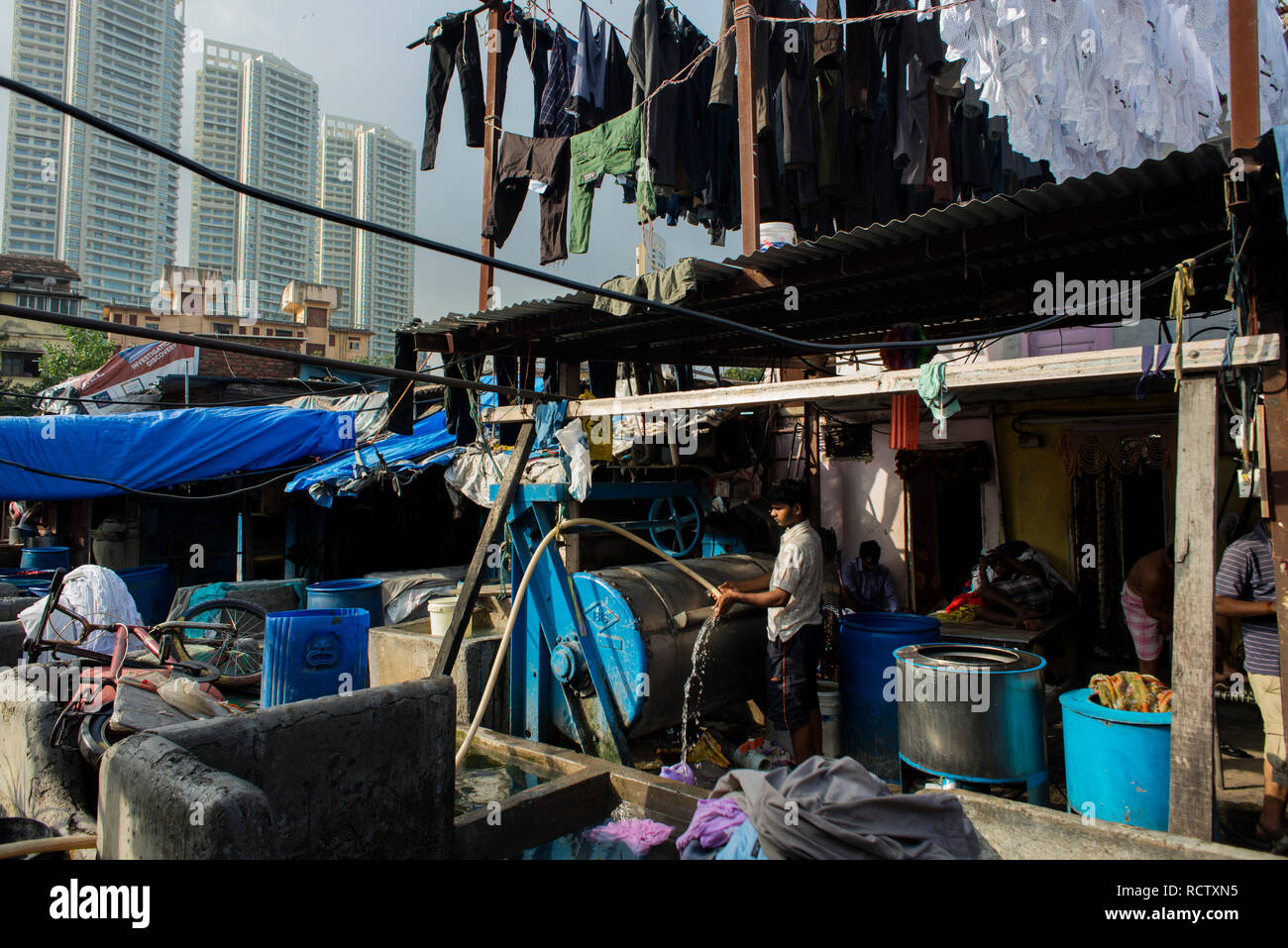 Washermen sont à l'œuvre dans une laverie à Mumbai. Banque D'Images