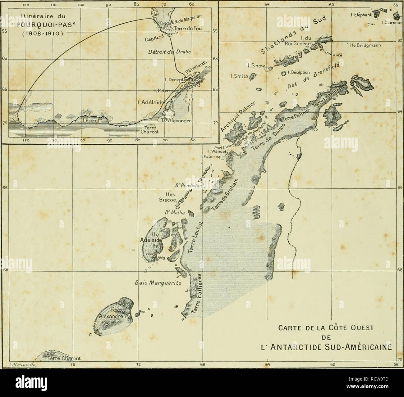 . ¨ me DeuxiÃ expÃ©dition antarctique francaise (1908-1910). Histoire naturelle -- Antarctique ; expéditions scientifiques -- Antarctique ; l'Antarctique. CARTE DES RÃGIONS ET PARCOURUES PAR L'EXPÃDITION RELEVÃES MEMBRES DE LETAT-MAJOR DU "Pourquoi-pas" - J.-B. M. CHARCOT Hydrographie BONGRAIN, Sismographie, la gravitation terrestre, les observations astronomiques. L. Gain . Zoologie (Spongiaires. EchinoJermes, arthropodes, oiseaux et leurs parasites), de plancton, Botanique. R.-E. GODFROY María©es, Topographie côte liere. Chimie de l'air. E. GÃ©ologie GOURDON, glaciologie. LIOUVILLE J. MÃ©decine, Zoologie (Pi Banque D'Images