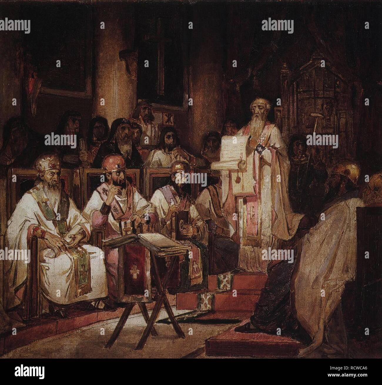 Le premier Concile de Constantinople (Étude pour fresque de la Cathédrale de Christ le Sauveur). Musée : Musée Russe, Saint-Pétersbourg. Auteur : Sourikov Vassili Ivanovitch. Banque D'Images