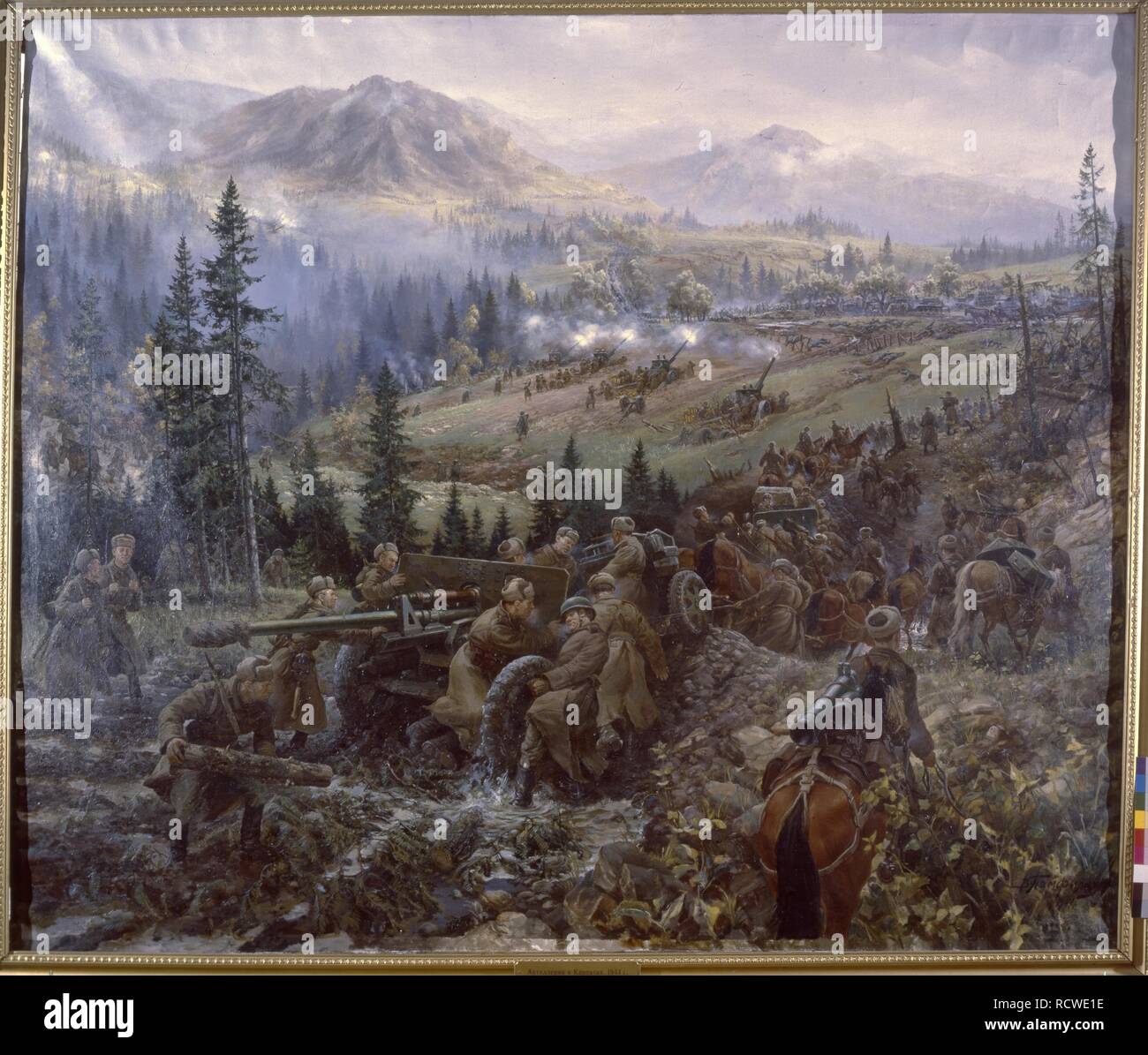 L'artillerie soviétique dans les Carpates. Centrale : Musée Maison d'artiste, Moscou. Auteur : Vladimir, Pamfilov Evgenyevich. Banque D'Images