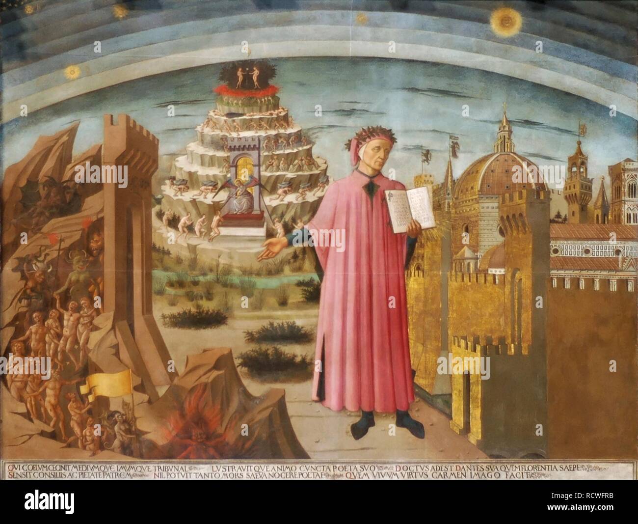 Dante et la Divine Comédie (la Comédie) Florence éclairante. Musée : Santa Maria del Fiore, Florence. Auteur : DOMENICO DI MICHELINO. Banque D'Images