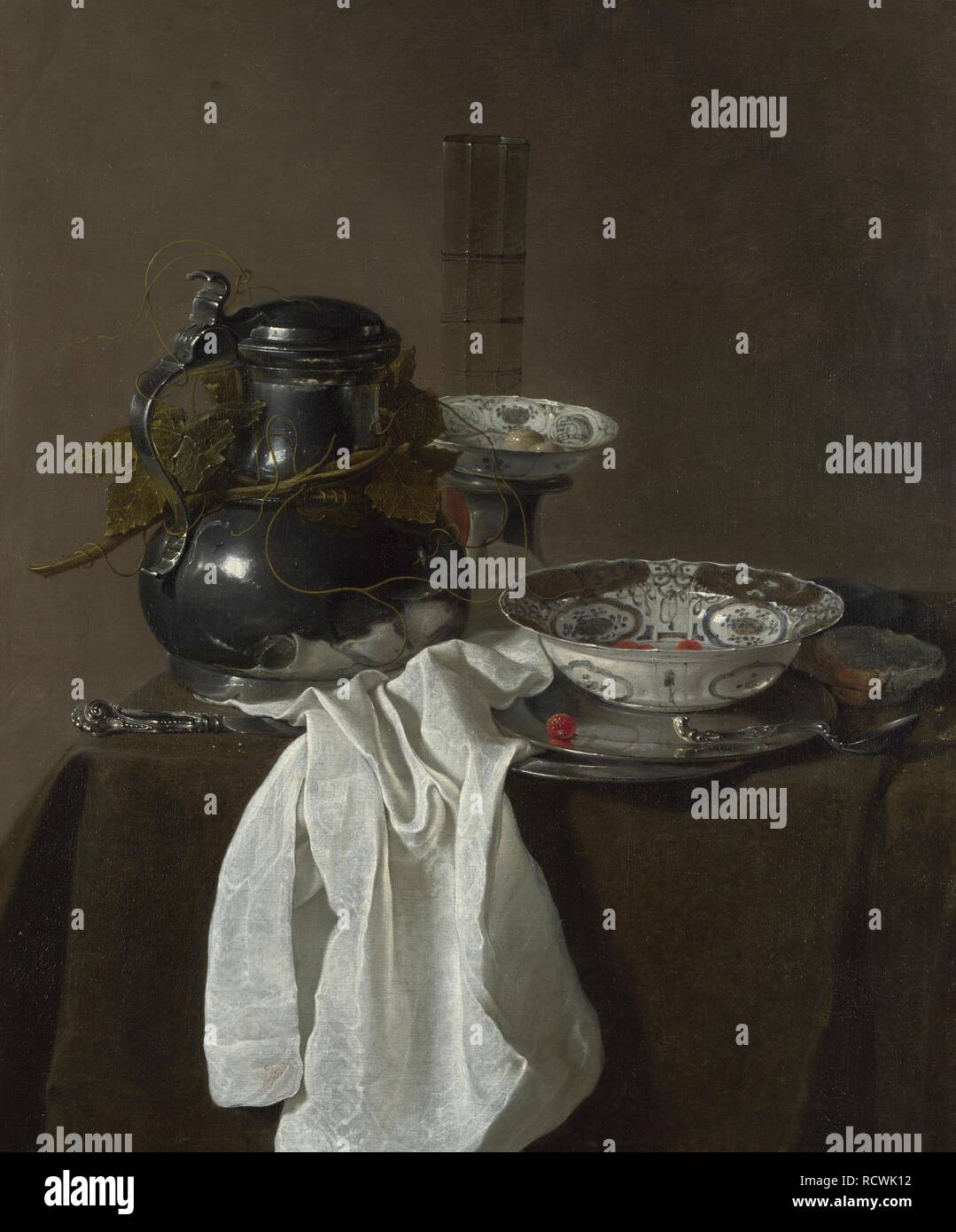 Nature morte avec un flacon en étain et deux bols de Ming. Musée : National Gallery, Londres. Auteur : Jan Jansz. Treck. Banque D'Images