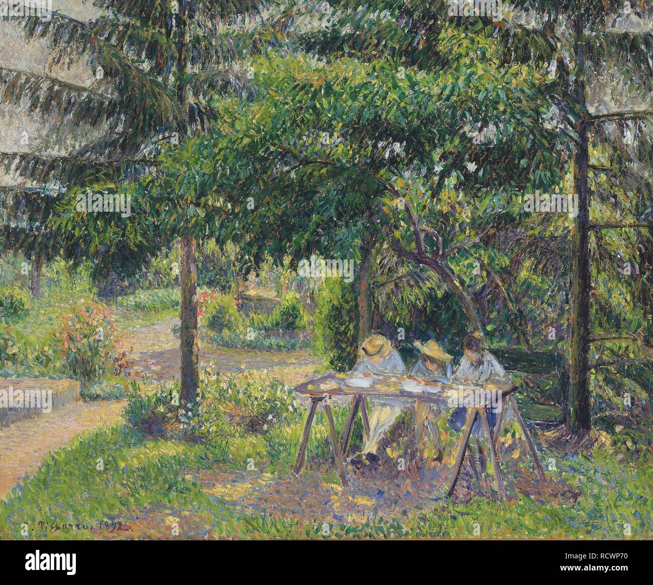 Des enfants assis dans le jardin à Eragny (Enfants attablés dans le jardin à Eragny). Musée : collection privée. Auteur : PISSARRO, Camille. Banque D'Images