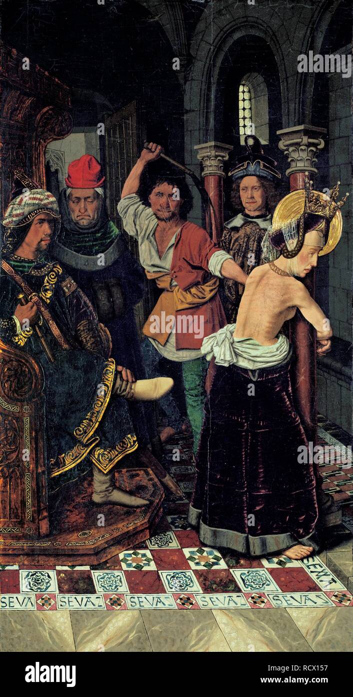 La flagellation de Saint Engratia. Musée : Musée national d'Art de Catalunya, Barcelone. Auteur : BERMEJO, BARTOLOME. Banque D'Images