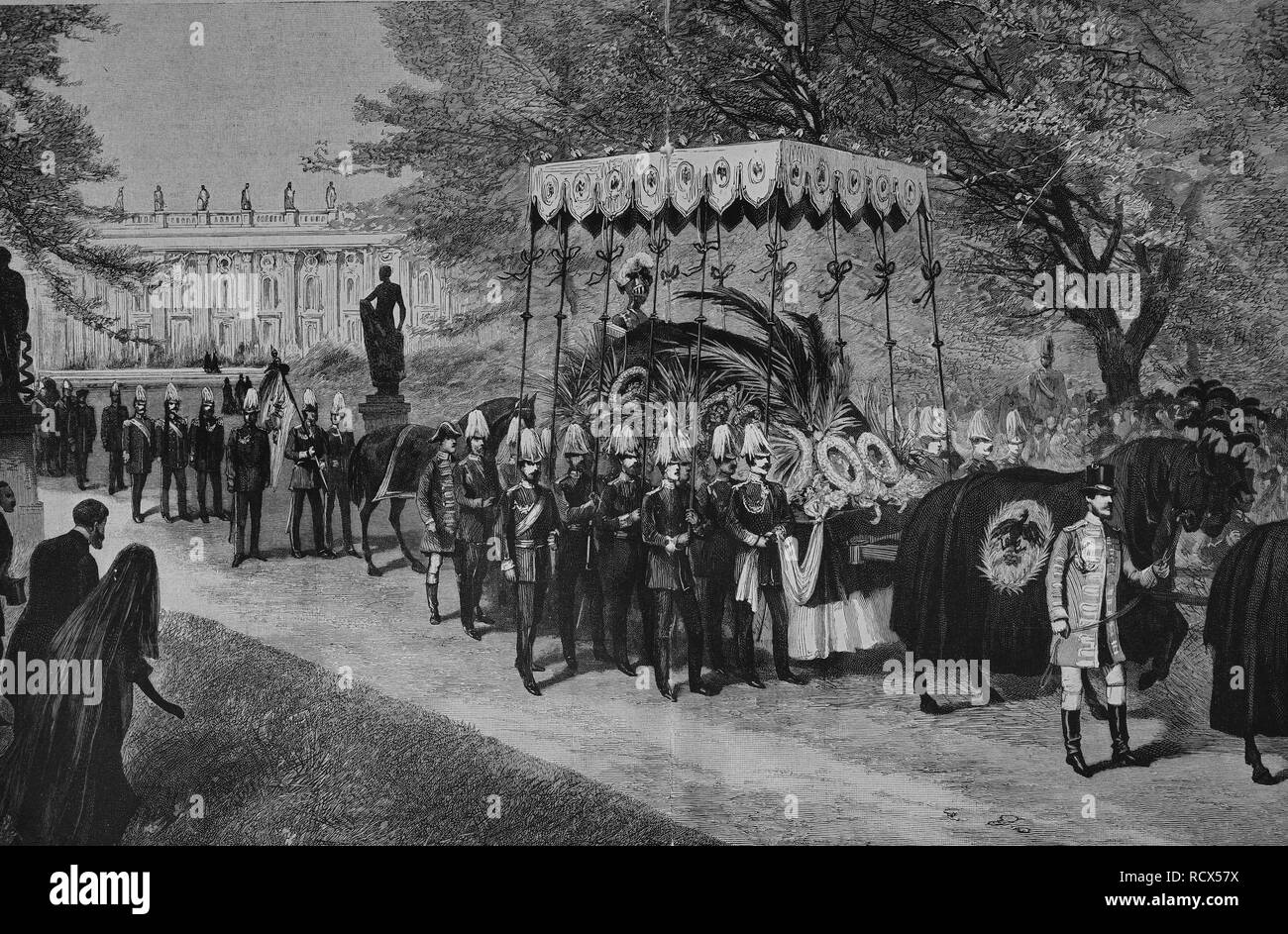 Cortège funèbre de l'empereur Frédéric III, Frederick William Nicholas Charles de Prusse, 1831-1888, gravure sur bois Banque D'Images