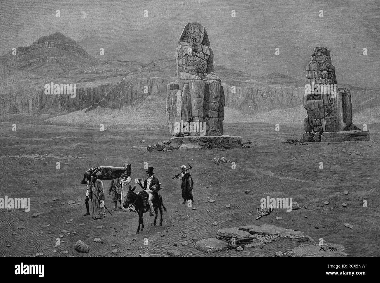 L'Archéologue Jean-François Champollion le Jeune, 1790-1832, à les colosses de Memnon en Egypte, gravure sur bois, 1888 Banque D'Images