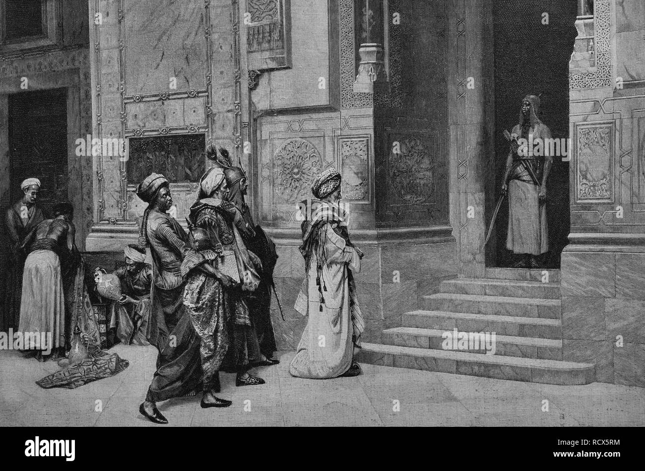 Hommes nobles rendant hommage à l'Égypte ancienne, gravure sur bois, 1888, gravure historique Banque D'Images