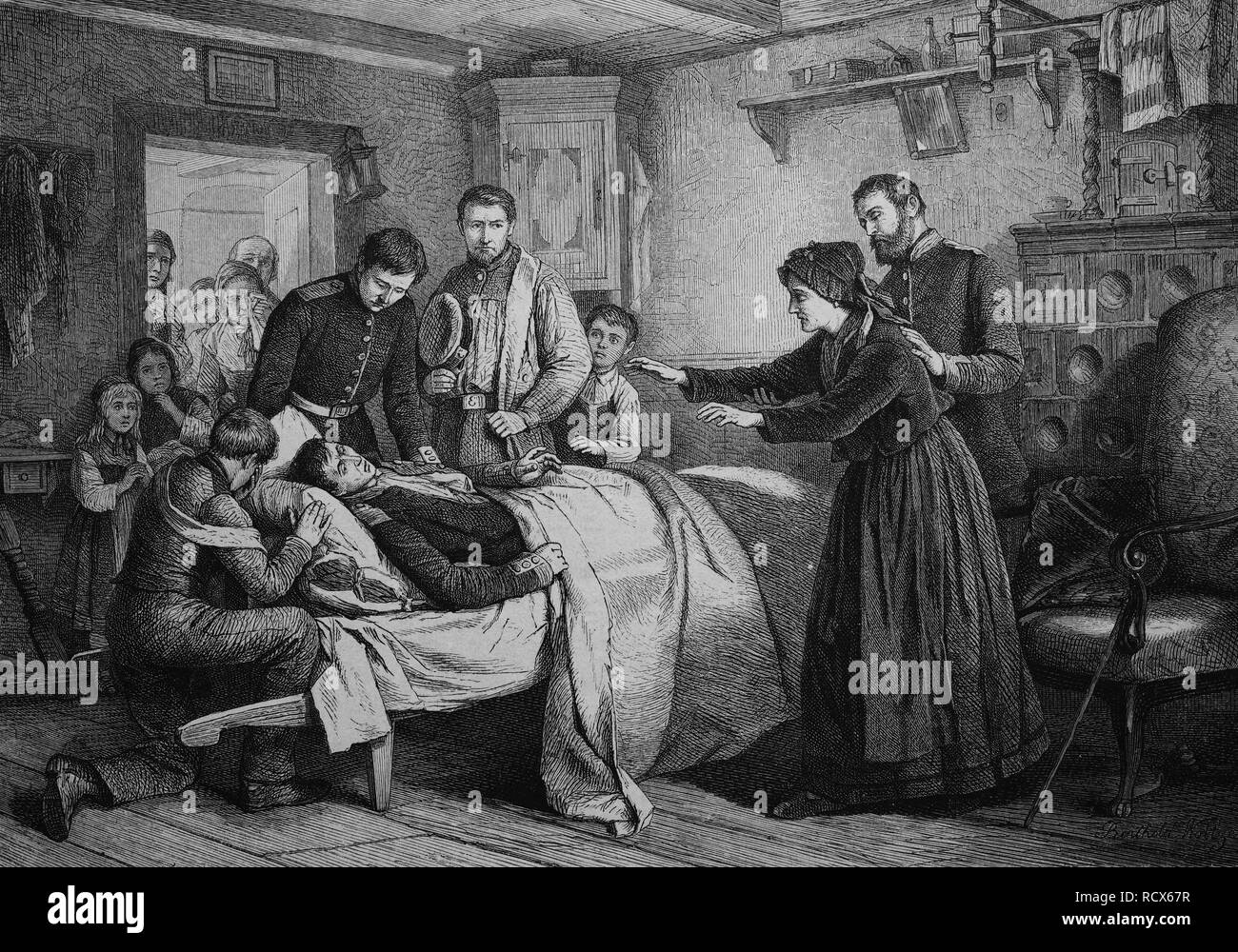 Recruter des blessés est de retour à la maison de sa mère aveugle, gravure sur bois, vers 1880 Banque D'Images