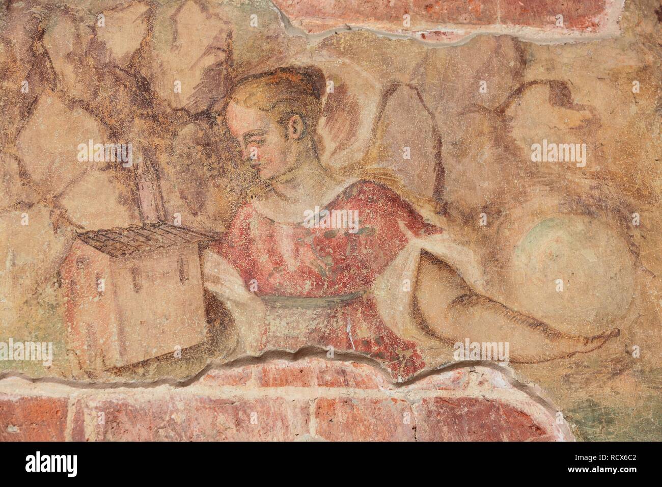 Fresque historique sur le portail de l'Abbazia Chiaravalle della Colomba, la plus ancienne abbaye cistercienne en Italie, Emilie Romagne, Italie Banque D'Images
