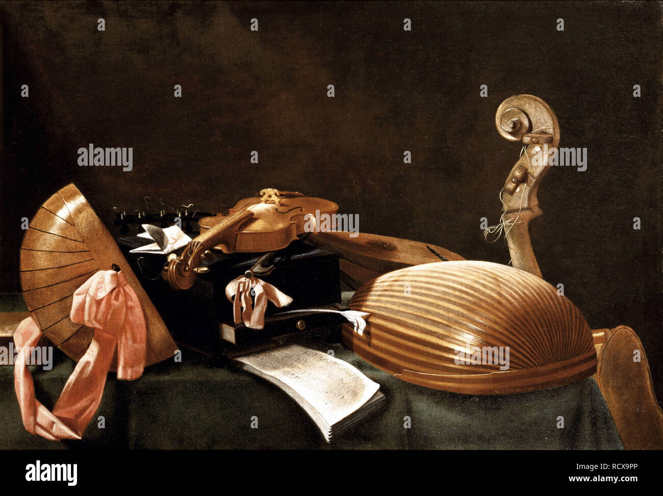 Nature morte avec instruments de musique. Musée : l'Accademia Carrara, Bergame. Auteur : Evaristo Baschenis. Banque D'Images