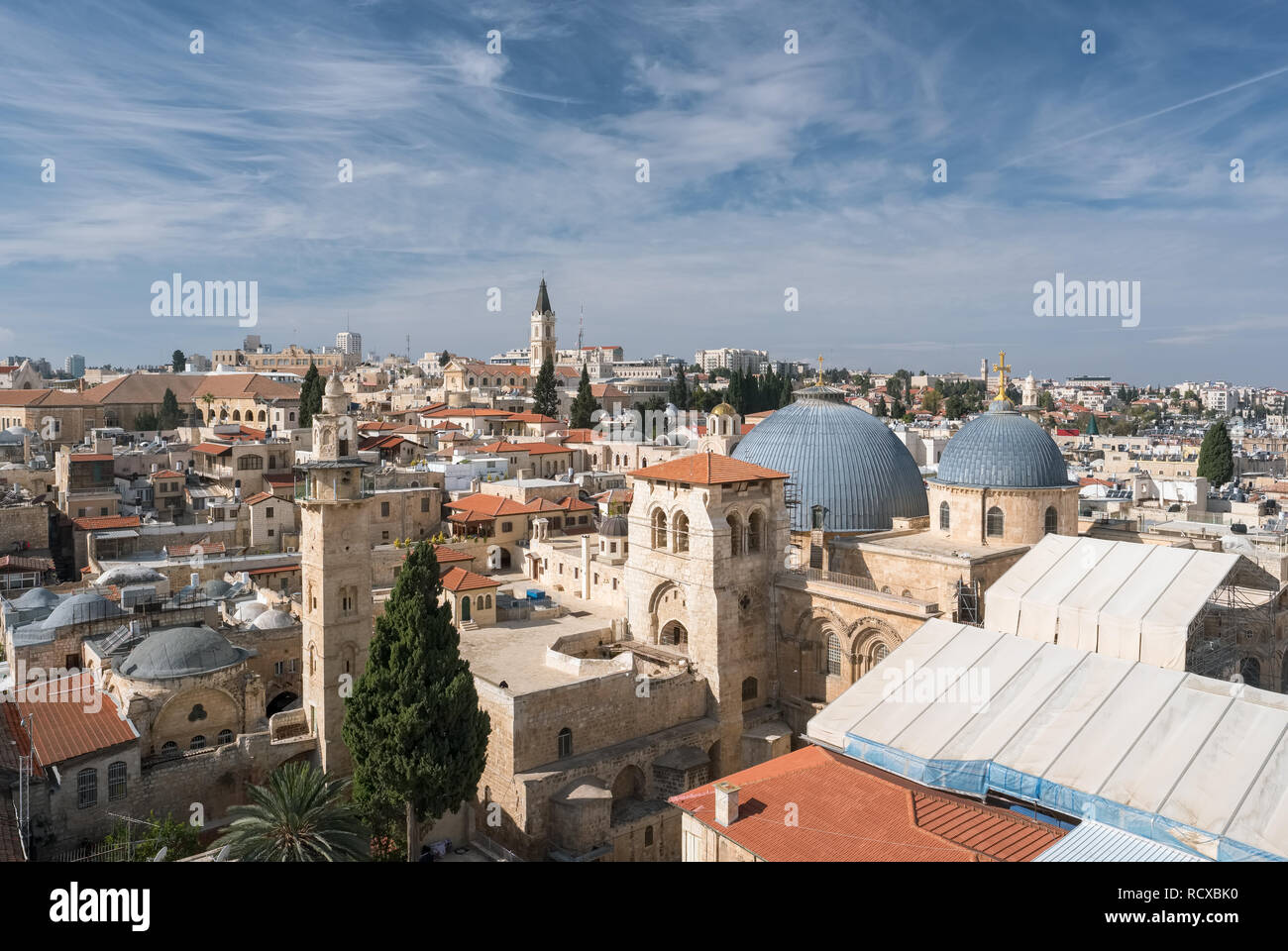 Vue supérieure de la vieille ville de Jérusalem, quartier chrétien et l'église du Saint Sépulcre Banque D'Images