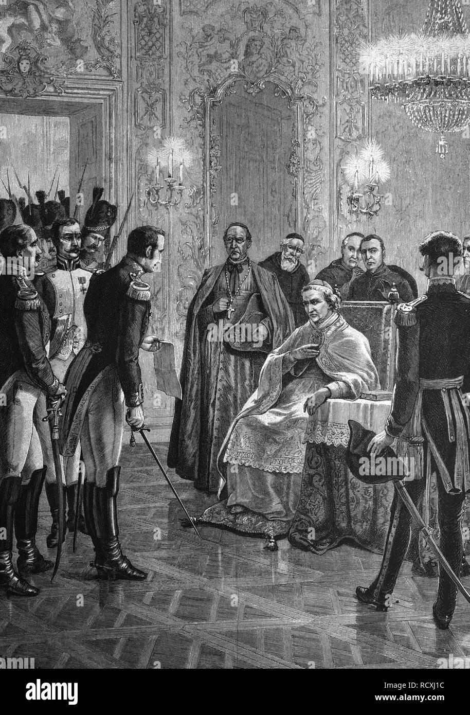 Gravure historique, capture du pape Pie VII par le général français Radel, Pie VII, Comte Luigi Barnaba Niccolò Maria Chiara Banque D'Images