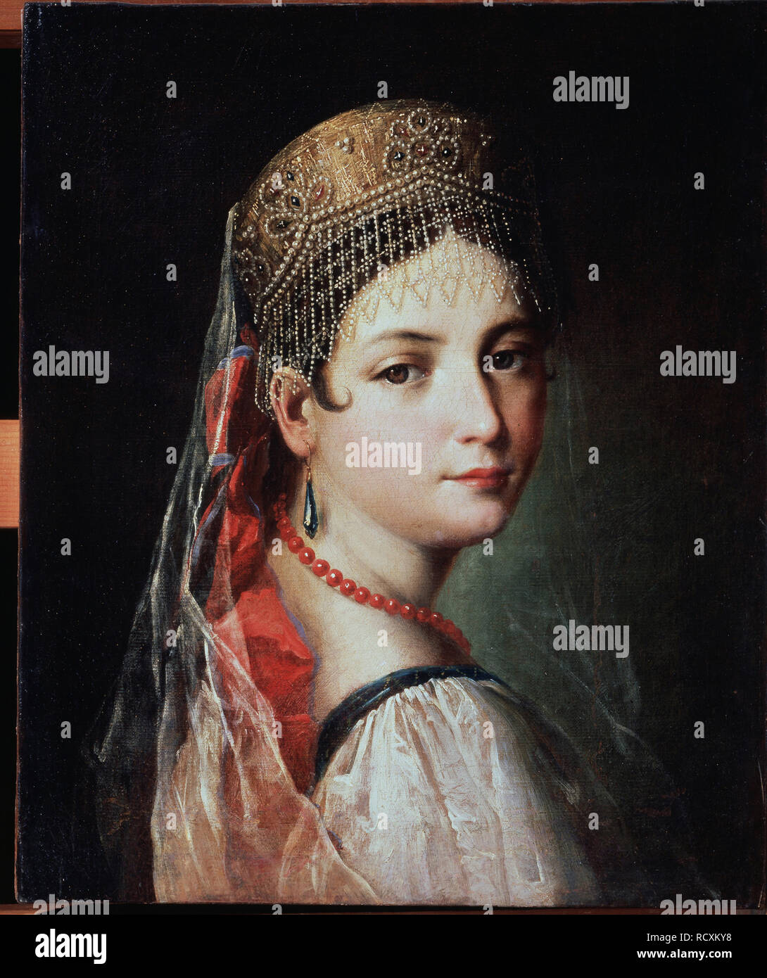 Portrait d'une jeune femme en Sarafan et Kokoshnik. Musée : State C. Tropinin-Museum, Moscou. Auteur : GANDOLFI, Mauro. Banque D'Images