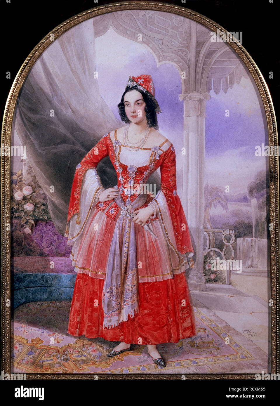 Portrait de la cantatrice Anna Stepanova (1816-1838) en costume oriental. Musée : State C. Tropinin-Museum, Moscou. Auteur : Hau (Gau), Vladimir Ivanovitch. Banque D'Images