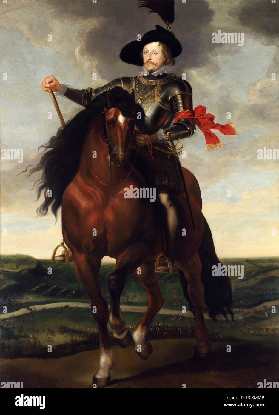 Portrait équestre du prince Wladyslaw Vasa avec la bataille de Khotin en arrière-plan. Musée : le Château Royal de Wawel, Cracovie. Auteur : Rubens, PETER PAUL. Banque D'Images