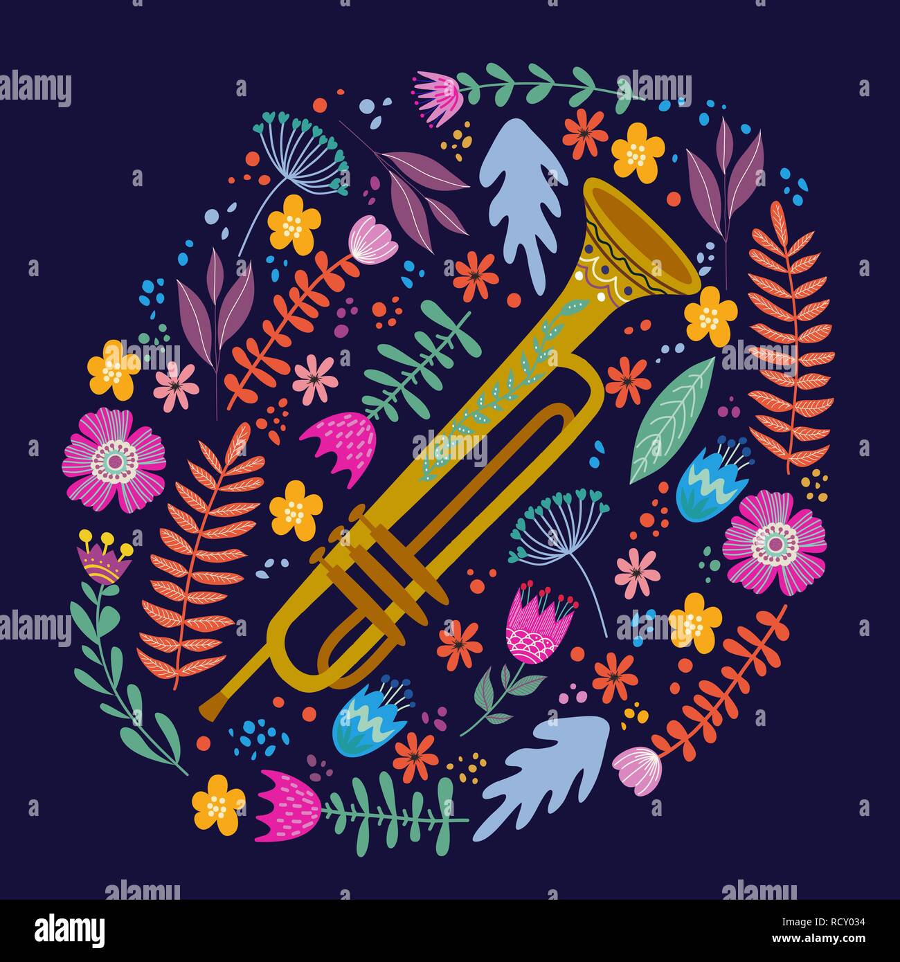 Trombone isolé et lumineux feuilles et fleurs sur fond bleu. Dessin à la main folk télévision doodles vector Illustration de Vecteur