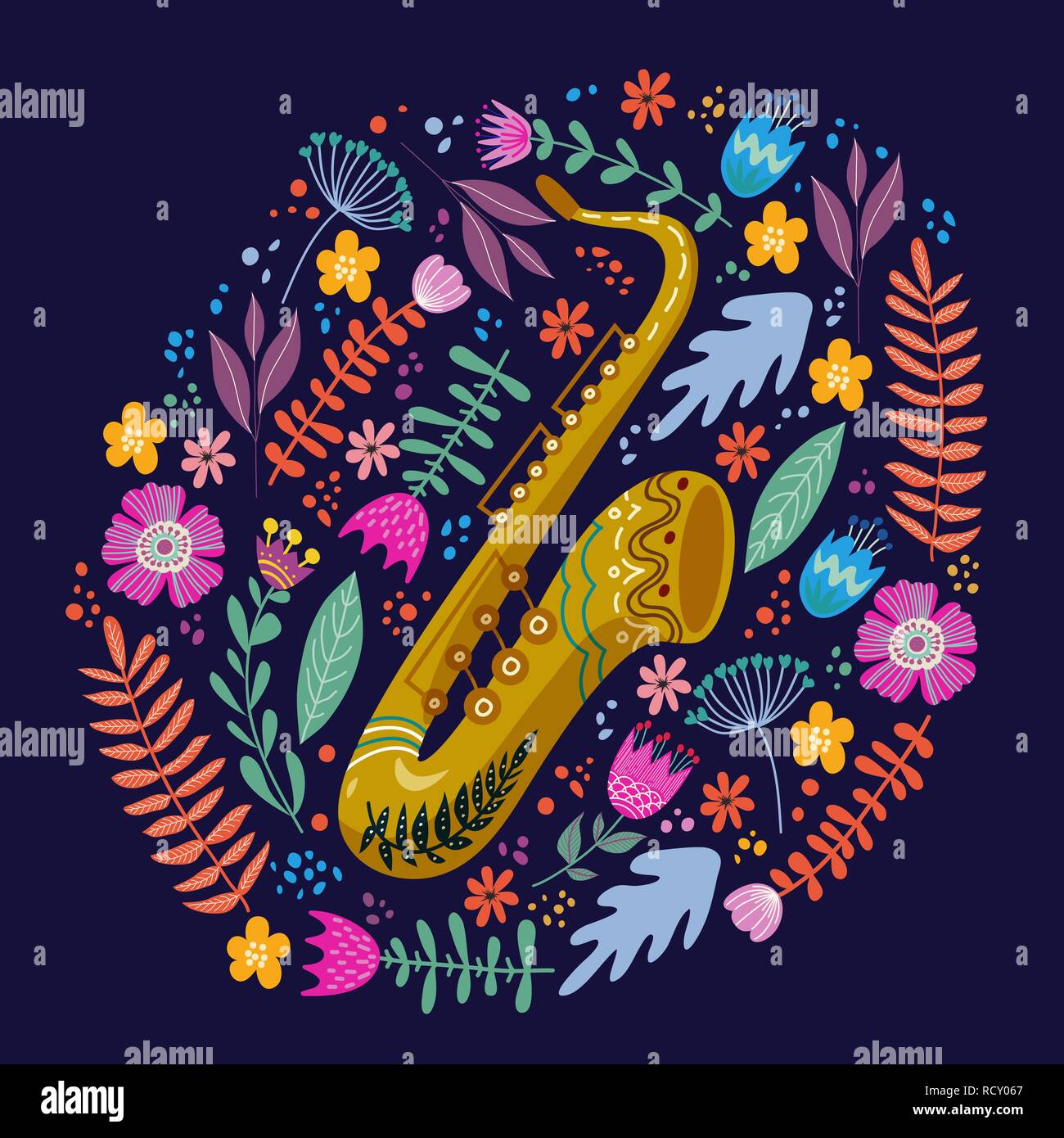 Saxophone isolés et couleurs tropicales feuilles et fleurs sur fond bleu. Dessin à la main folk télévision doodles Illustration de Vecteur