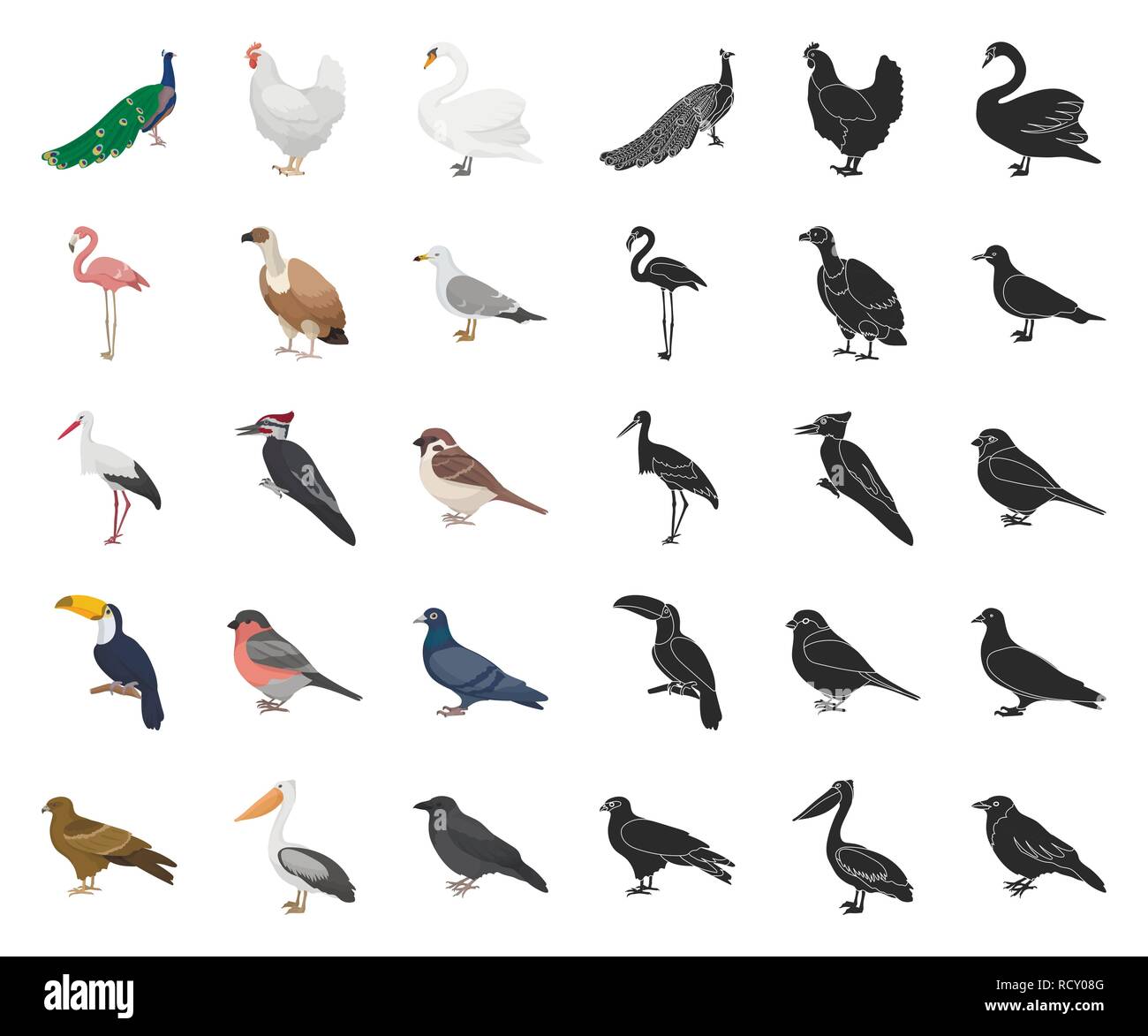 Animal,Animaux,oiseaux,bec,colvert,caricature,Black,collection,poulet,crow,design,branche,down,,exotiques,ferme,plume,flamingo,oiseaux,illustration,icône,isolé,kite,élevage,logo,autruche,pigeon paon,pelican,predator,mouette,set,signer,sparrow,ou,cigogne,swan,symbole,toucan,vecteur,vertébrale sauvagine,vautour,web,aile,zoo,pic vecteurs vecteur , Illustration de Vecteur