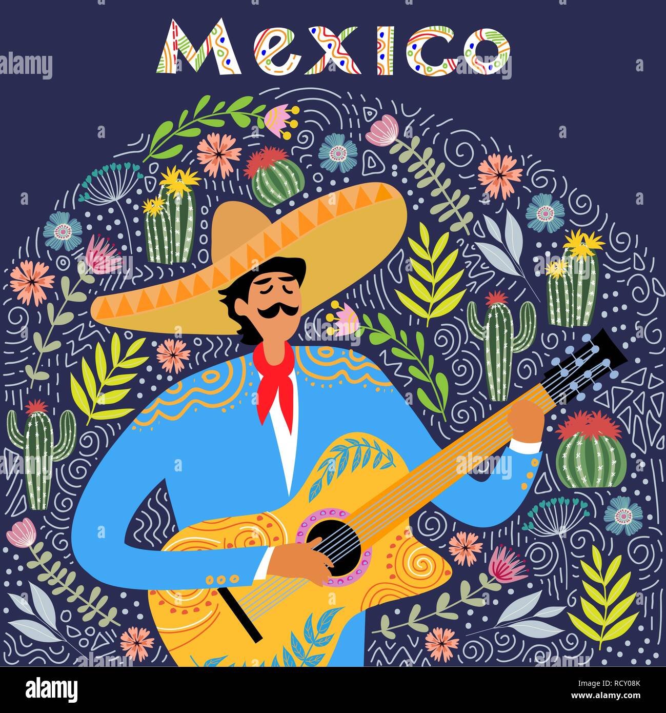 Télévision caricature d'un homme qui joue de la guitare en mexicain sombrero, dessin à la main folk télévision doodles vector Illustration de Vecteur