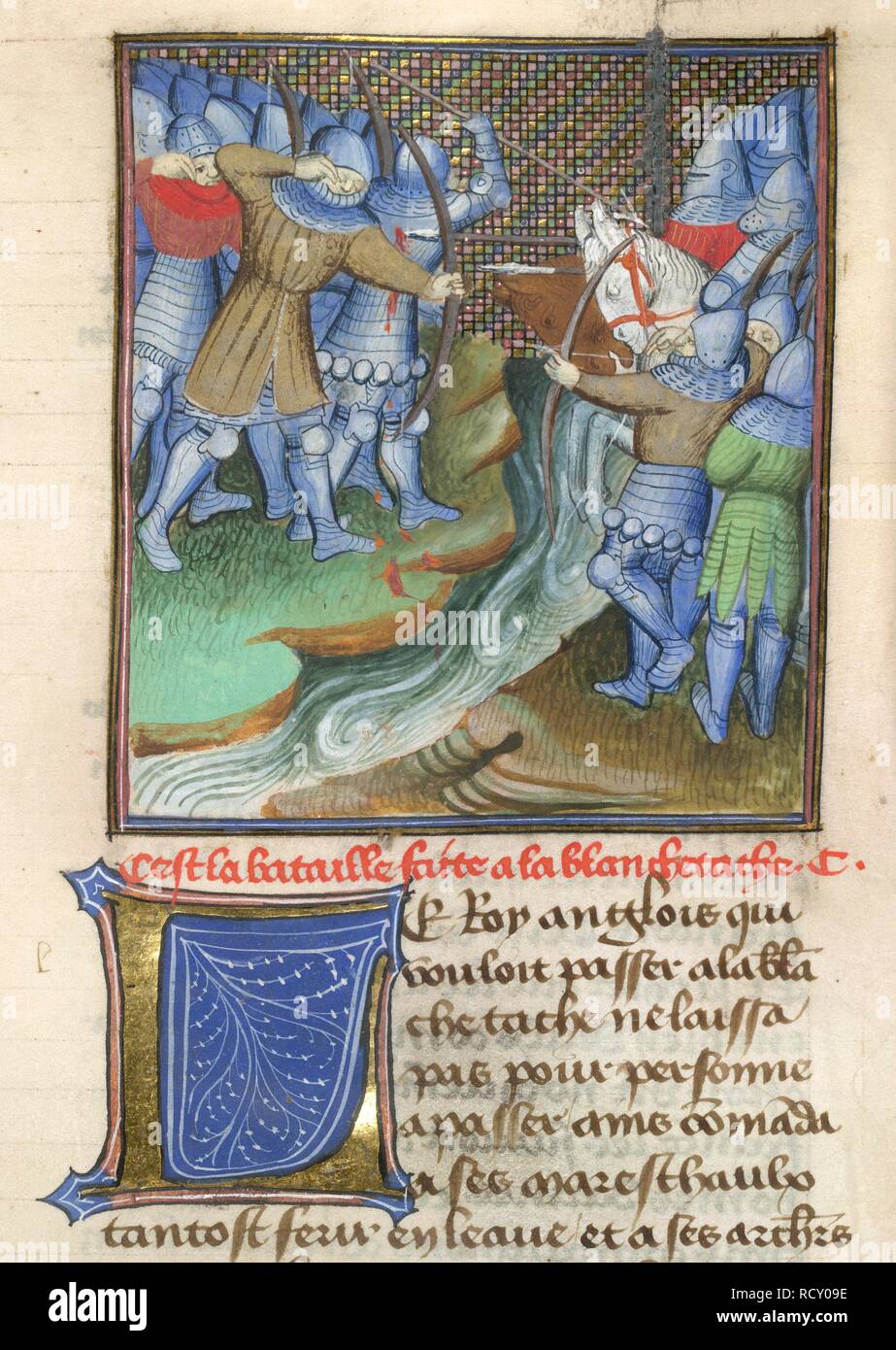 Soldats combattant médiéval, à travers une rivière. 'Les Croniques DangLeterre' (Chroniques d'Angleterre). 15e siècle. Source : Arundel 67, f.144. Langue : Français. Auteur : FROISSART, Jean. Banque D'Images