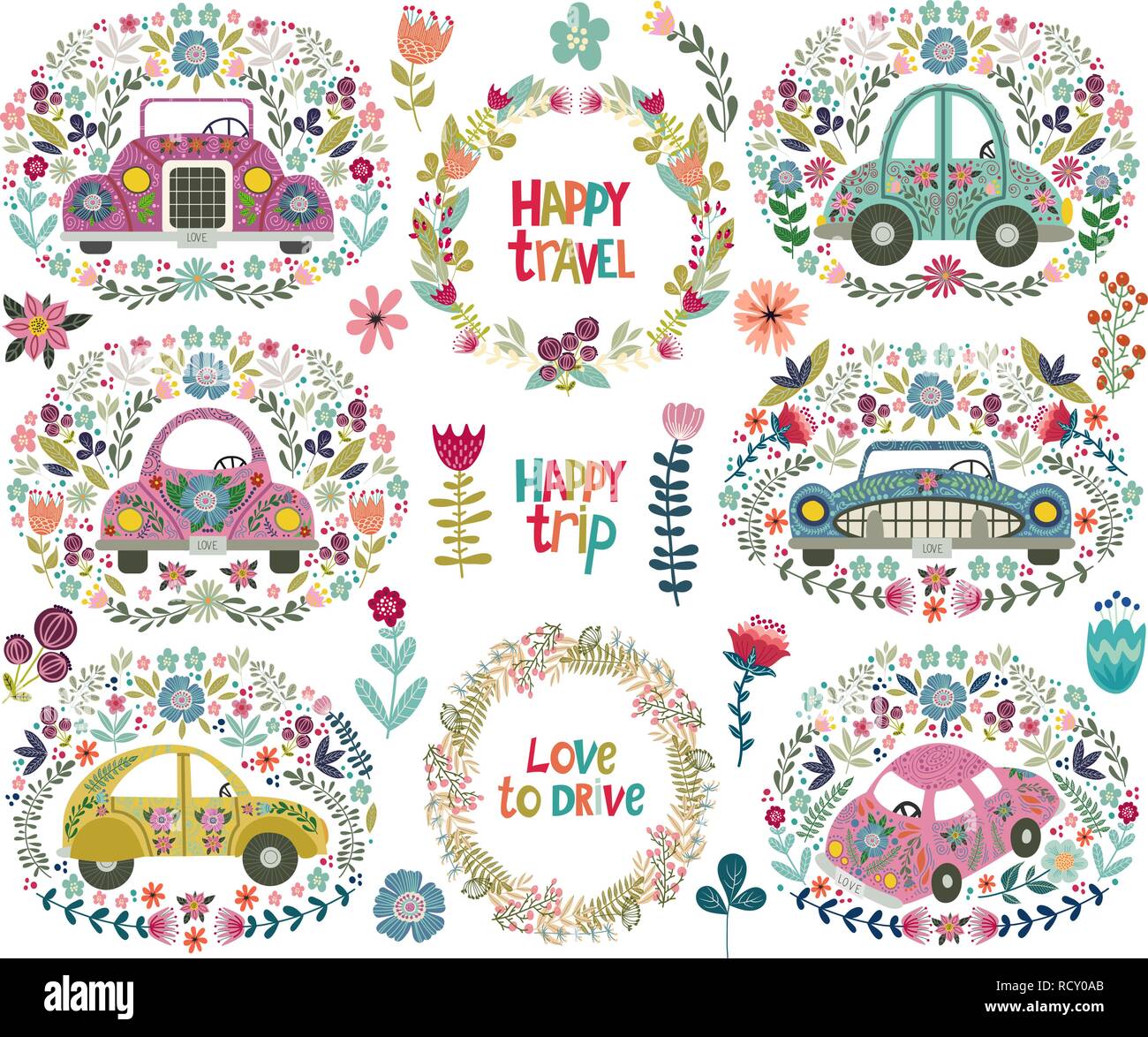 Jeu de dessin à la main cute cartoon voiture avec un des éléments et des motifs floraux sur fond blanc. Doodle folk télévision Illustration de Vecteur