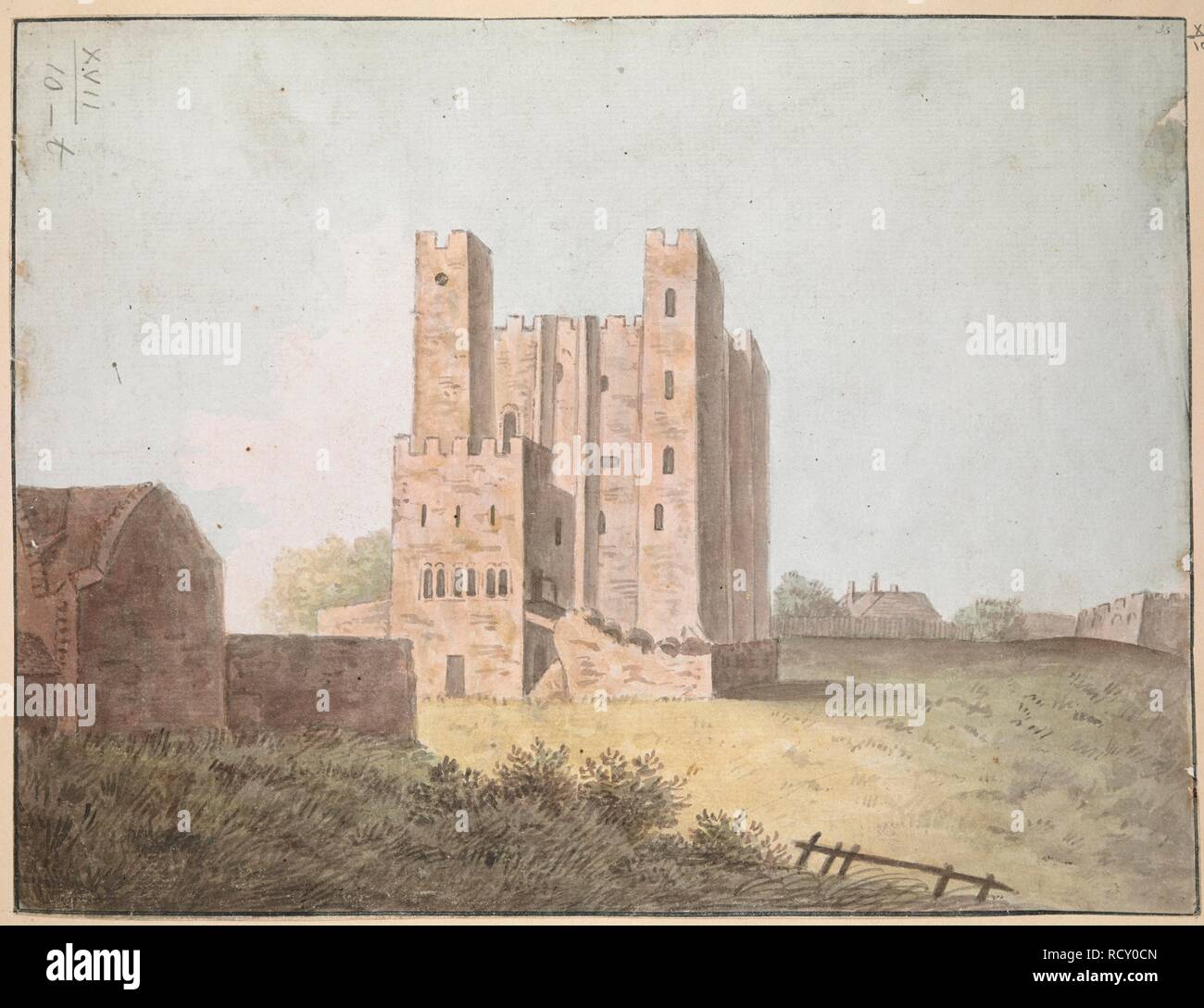 Château de Rochester au centre de la scène ; les bâtiments de chaque côté ; les arbres au loin. Château de Rochester, dans le Kent. c. 1770-1790. L'aquarelle. Source : Maps K.Haut.17.10.t. Banque D'Images