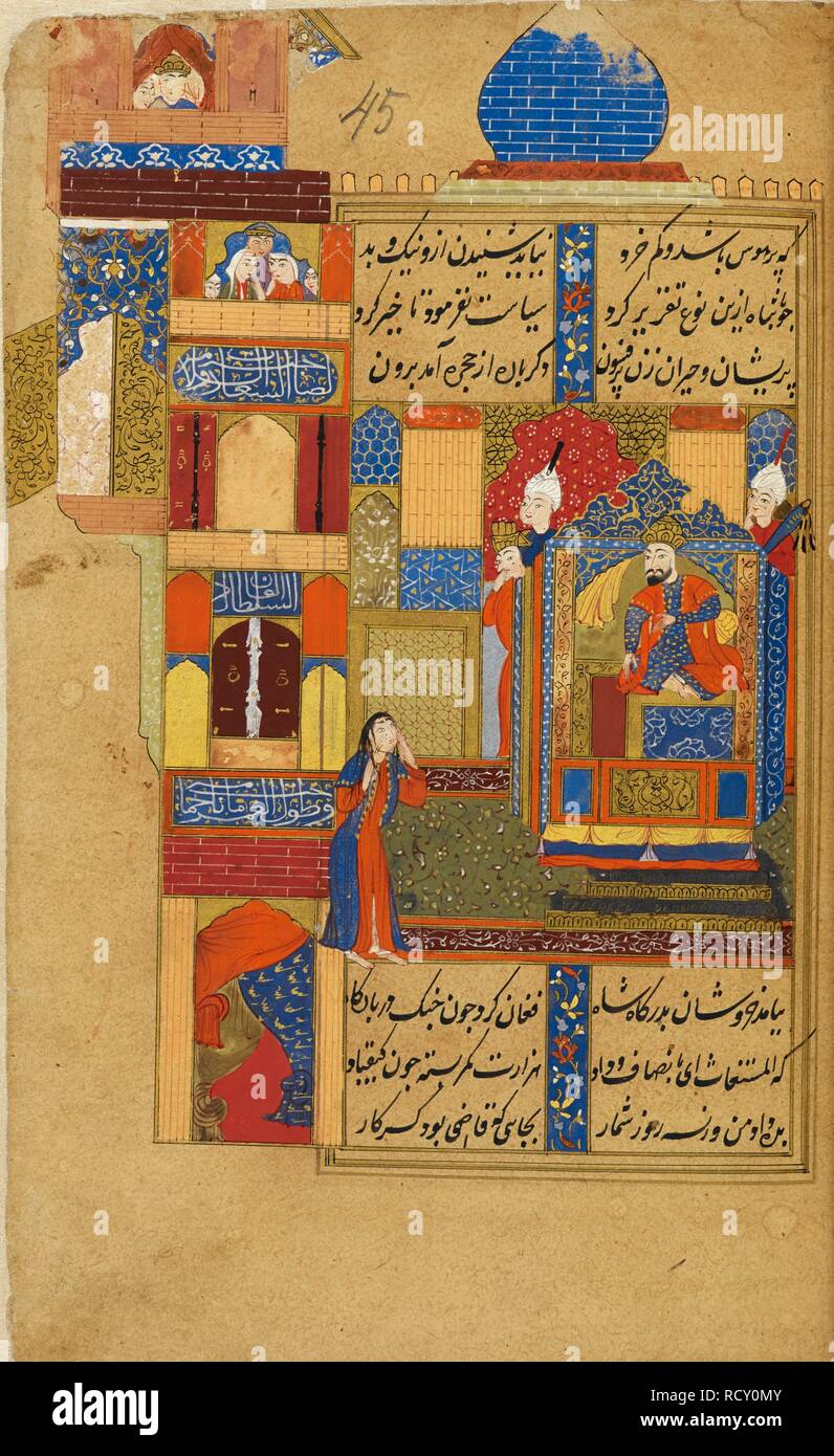 La concubine de justifier ses accusations devant le roi, accusant les vizirs de la corruption. Sinbadnama, l'histoire de Sinbad, dans une version persane anonyme, avec 72 miniatures. c.2666. Source : I.O. 3214 islamique, f.45. Langue : Persan. Banque D'Images