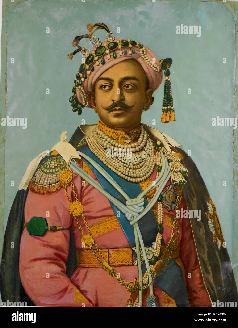 Portrait de Maharaja de Bénarès. H.H. Monsieur Madhu Narayan Singh, le Maharaja de Bénarès, avec un aperçu du portrait dessiné sur l'inverse. Signé Madho Prasad, 1908. La peinture à l'huile photographie 1909 Benares style . 1909. Source : Favoriser l'249. Banque D'Images