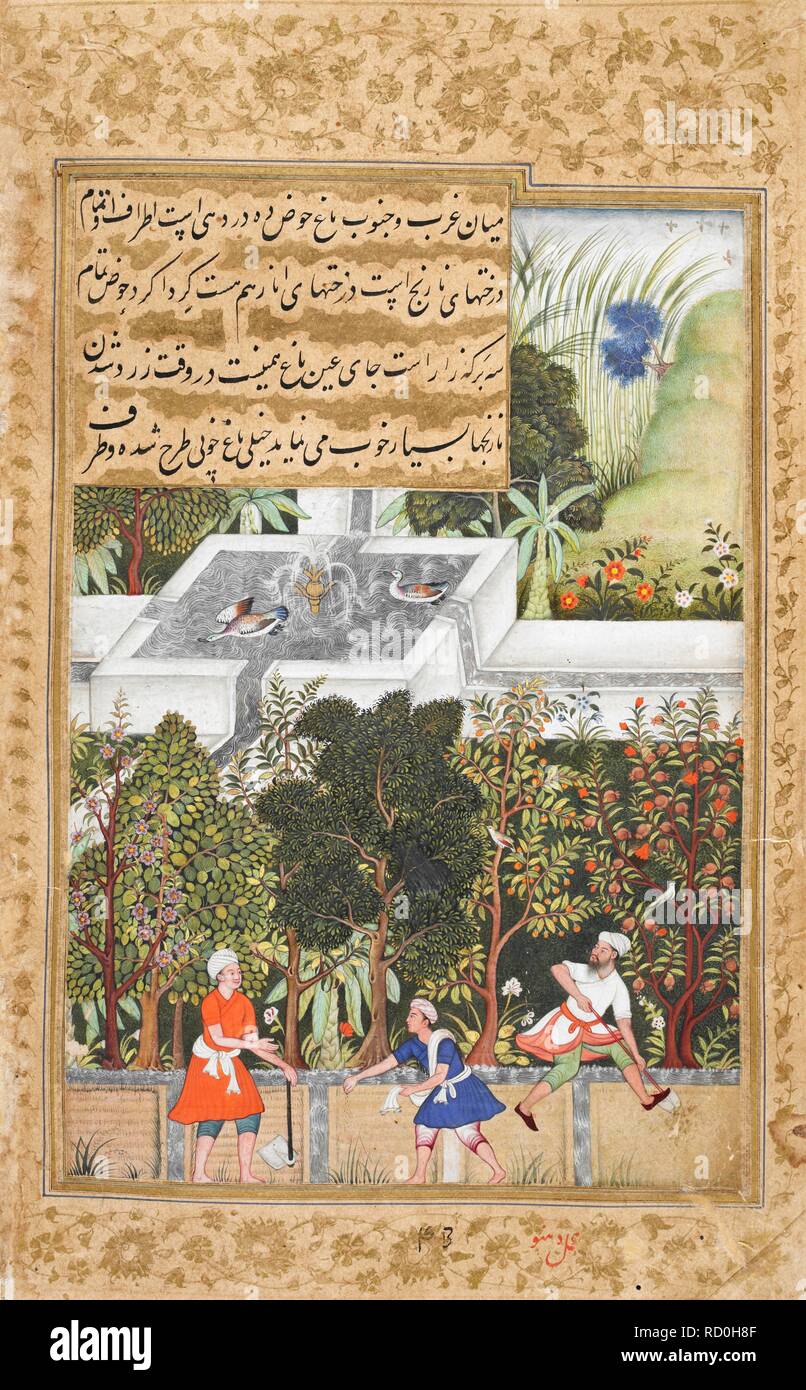 Les Jardins de fidélité cotes(Bagh vafa-i)â€™ étant établi à Kaboul (1504) (Ellery Queen's Mystery Magazine). Vaki'at-i Baburi, les mémoires de Babur, traduit de l'original par Turki Mirza Abd al-Rahim, Khan-i khanan. Cent quarante-trois miniatures (surtout avec des attributions). c.1590. Aquarelle opaque. Style moghol moghol Akbar ;/style. Source : Ou. 3714 Vol.2 f.173v. Banque D'Images
