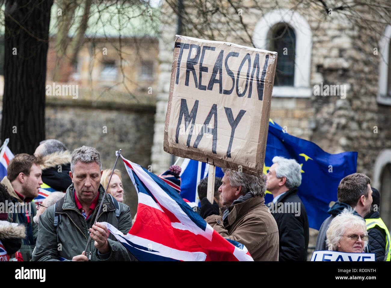 Londres, Royaume-Uni - 15 janvier 2019 : Brexit suporters, brexiteers, dans le centre de Londres maintenant de quitter les campagnes de bannières de l'Union européenne. Banque D'Images
