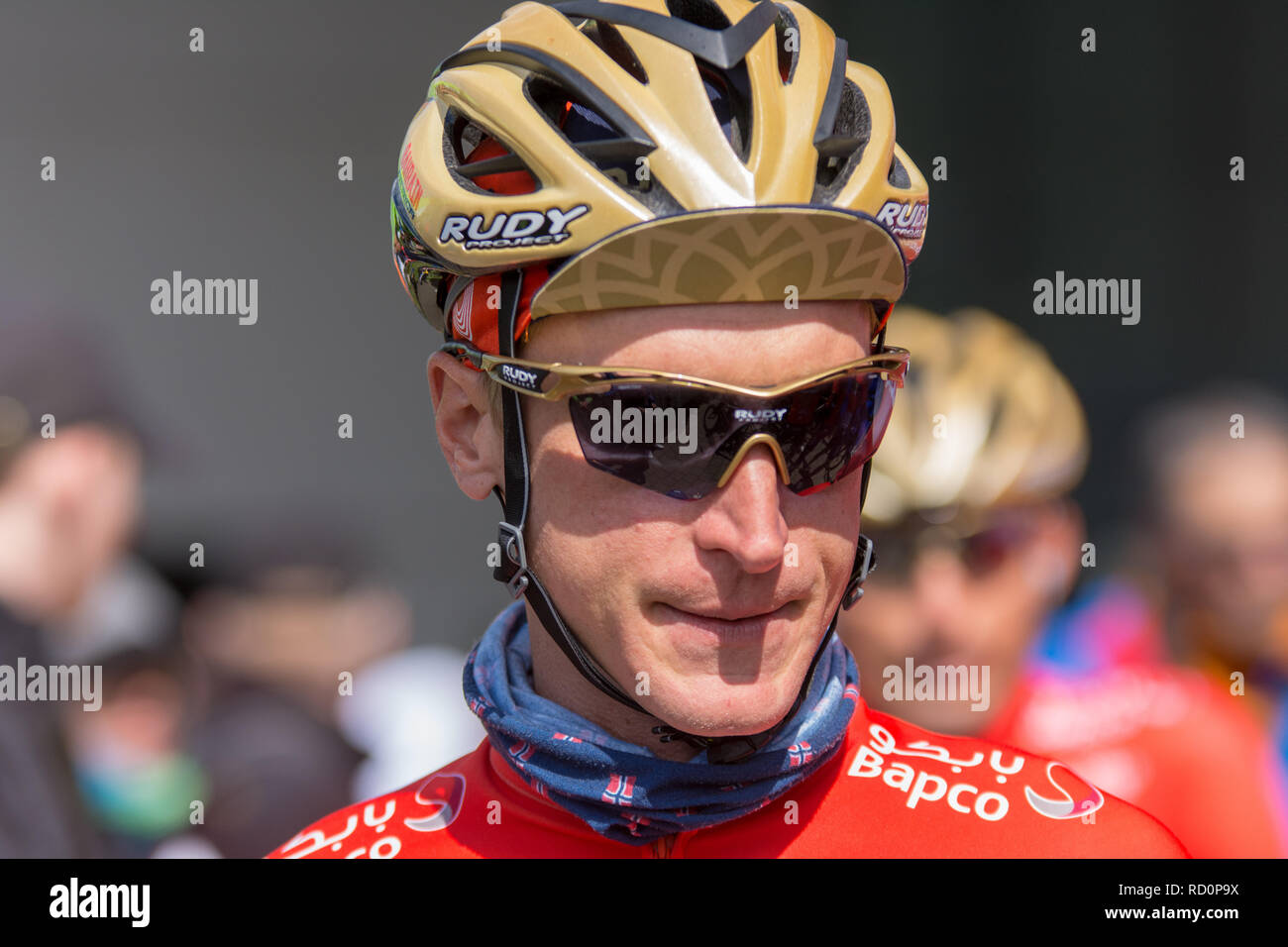 ESCHBORN, ALLEMAGNE - 1er mai 2018 : Enrico Gasparotto (Bahreïn) à Mérida Eschborn-Frankfurt course à vélo Banque D'Images