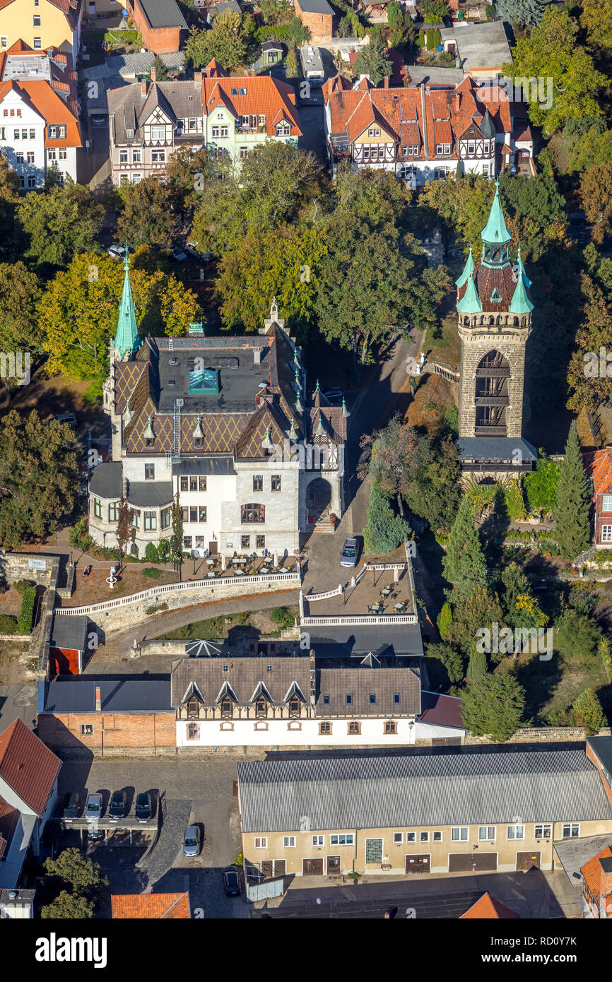 Luftbild, Lindenbeinsche Sternenkiekerturm, villa, jardin, Schloss hotel - Zum Markgrafen, Wallstraße, Quedlinburg-Altstadt-, Quedlinburg, Harz, Banque D'Images