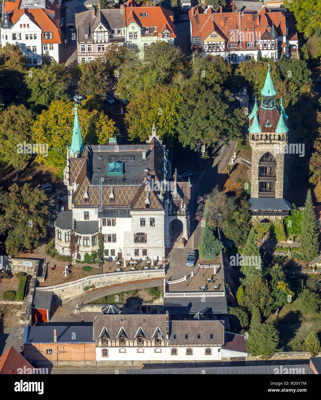 Luftbild, Lindenbeinsche Sternenkiekerturm, villa, jardin, Schloss hotel - Zum Markgrafen, Wallstraße, Quedlinburg-Altstadt-, Quedlinburg, Harz, Banque D'Images