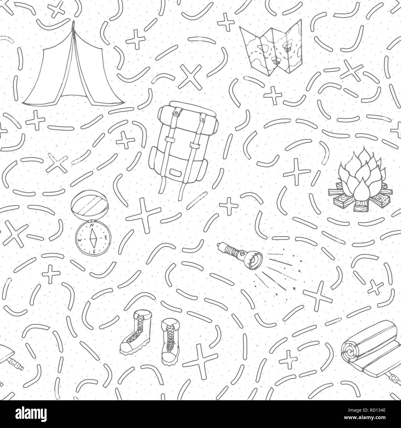 Hand drawn vector seamless pattern avec sac à dos de camping, Bonfire, chaussures, carte, tente, sac de couchage, lampe, boussole et le chemin vers l'emplacement correspondant. T Illustration de Vecteur