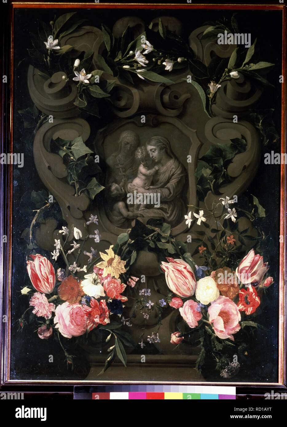 Vierge et l'enfant, sainte Elisabeth et Jean le Baptiste comme enfant dans une guirlande de fleurs. Musée : l'État A. Musée des beaux-arts Pouchkine, Moscou. Auteur : SEGHERS, DANIEL. Banque D'Images