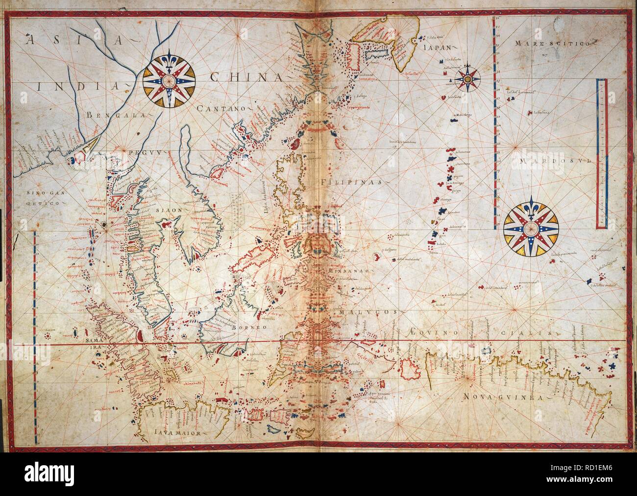 Graphique de l'Asie du Sud Est. Portolano. France [Marseille] ; 1613. [Figure] Diagramme des côtes du Bengale, Siam, Sumatra, Java, Chine, et les îles de la mer de Chine méridionale et l'océan Pacifique Nord Image réalisée à partir d'Portolano. Publié à l'origine/produit en France [Marseille] ; 1613. . Source : Egerton 819, ff.9V-10. Langue : Portugais. Banque D'Images