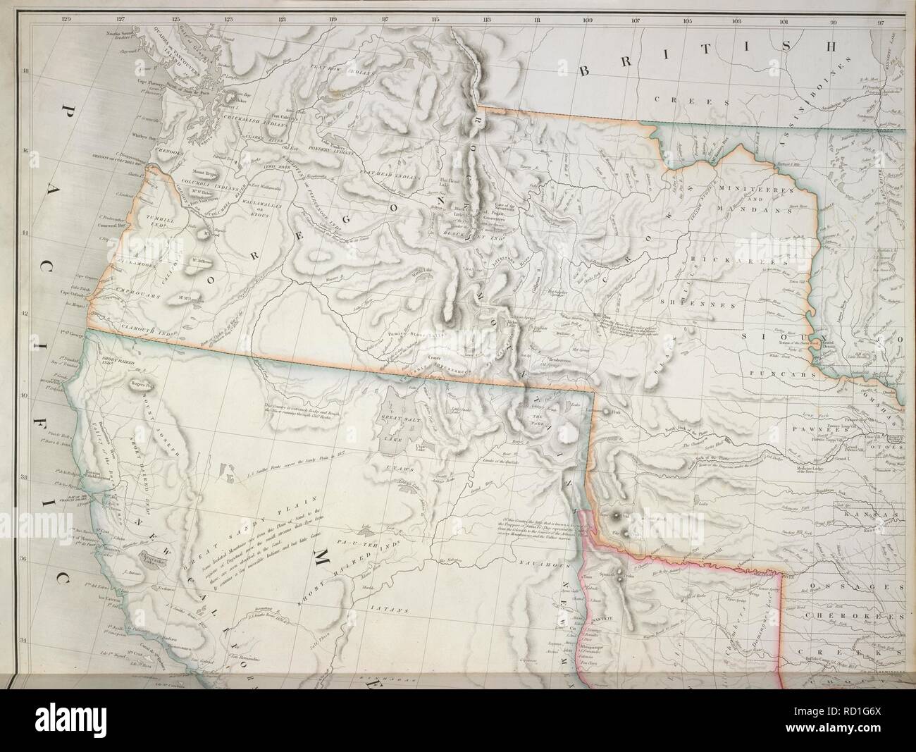 Côte ouest de l'Amérique. L'American Atlas ; exposer les bureaux de poste, P. Site d'une partie de la côte ouest d'Amérique. Image prise à partir de l'American Atlas ; exposer les bureaux de poste, publiez les routes, les chemins de fer, routes, canaux et les divisions politiques et physiques des États-Unis d'Amérique du Nord ; le gouvernement construit à partir de sondages et d'autres documents officiels. Par D.H. Burr. John Arrowsmith [Del]. . Source : Maps.145.e.8 , moitié supérieure. Langue : Anglais. Banque D'Images