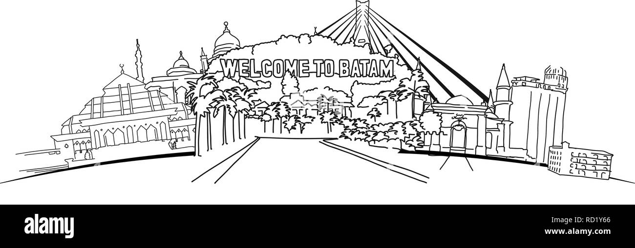 Batam Indonésie Panorama Banner. Vector illustration dessinée à la main. Célèbre série de destinations de voyage. Illustration de Vecteur