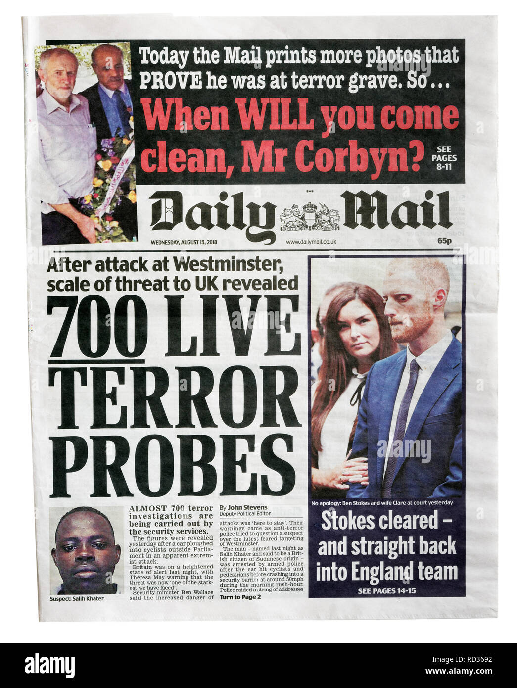 La première page du Daily Mail du 15 août 2018 avec le titre 700 sondes de terreur en direct Banque D'Images