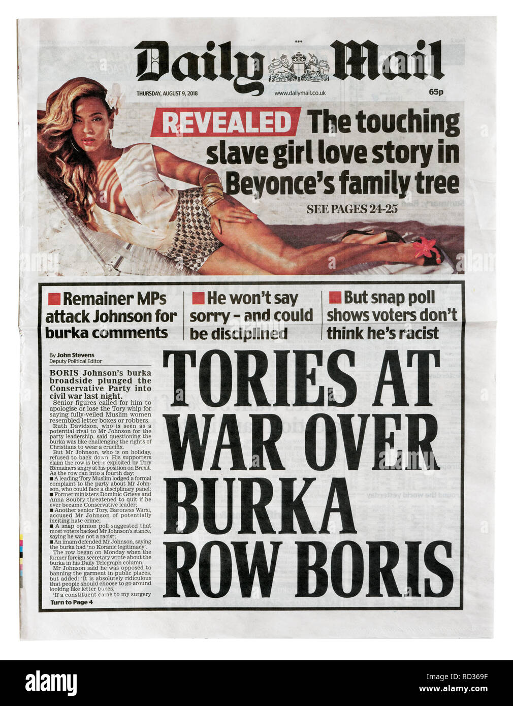 La première page du Daily Mail du 9 août 2018 avec l'histoire de frustration de Conservateur Boris Johnson's burqa commentaires Banque D'Images