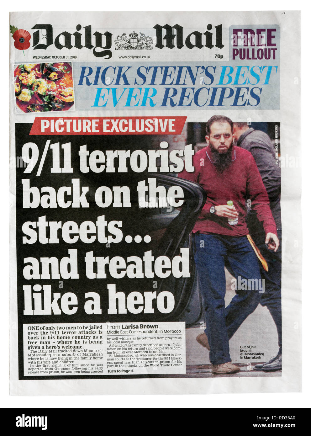 La première page du Daily Mail du 31 octobre 2018 avec le titre attentats terroristes Retour oon les rues Banque D'Images