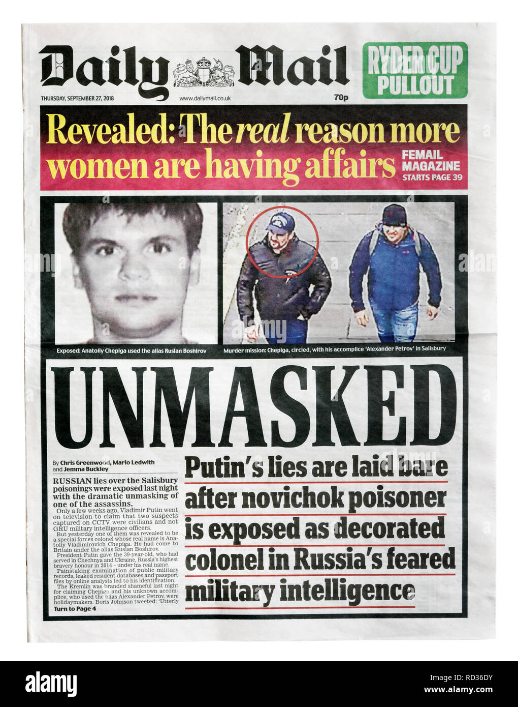 La première page du Daily Mail du 27 septembre 2018 avec le titre démasqué, l'identification de l'empoisonneur Novichok comme un colonel russe Banque D'Images