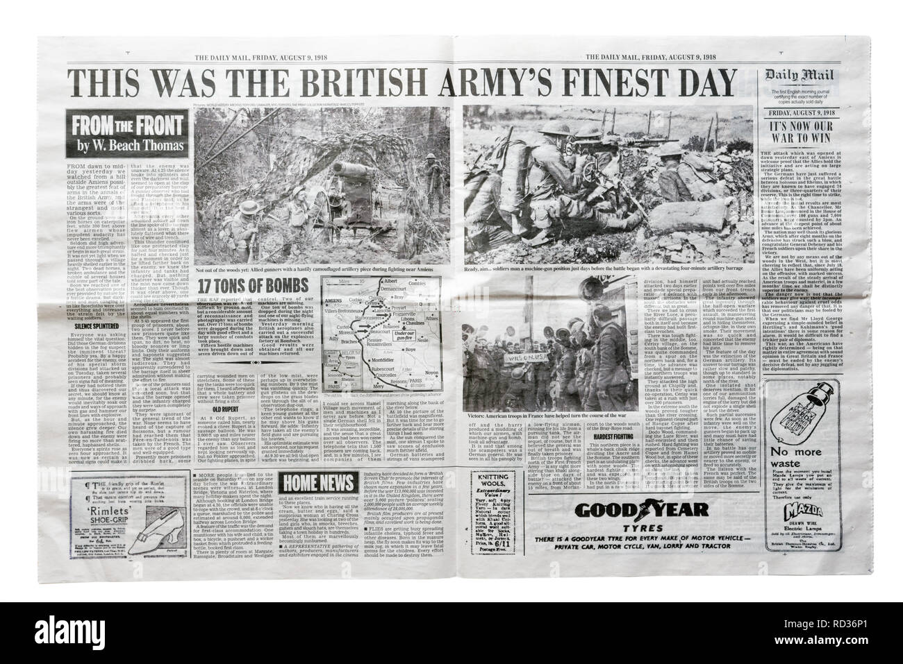 Milieu d'une reproduction Daily Mail du 9 août 1918 avec le titre c'était le plus beau jour de l'armée britannique, un article de Thomas W Beach Banque D'Images