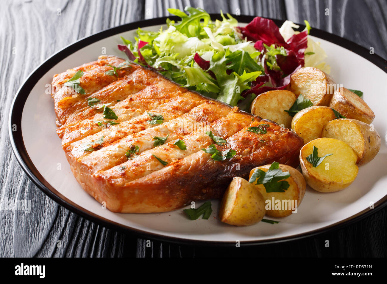 Steak d'espadon grillé garni de pommes frites et salade fraîche au gros plan sur la plaque d'une table de bois horizontal. Banque D'Images