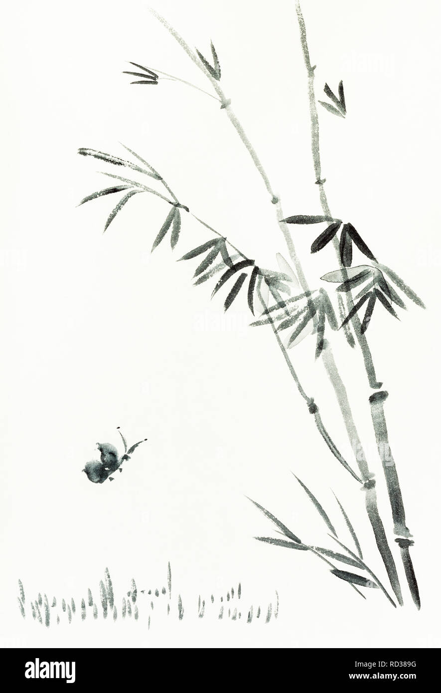 La formation en dessin sumi-e (suibokuga) with style - papillon près de bamboo bush est dessiné à la main sur papier crème Banque D'Images