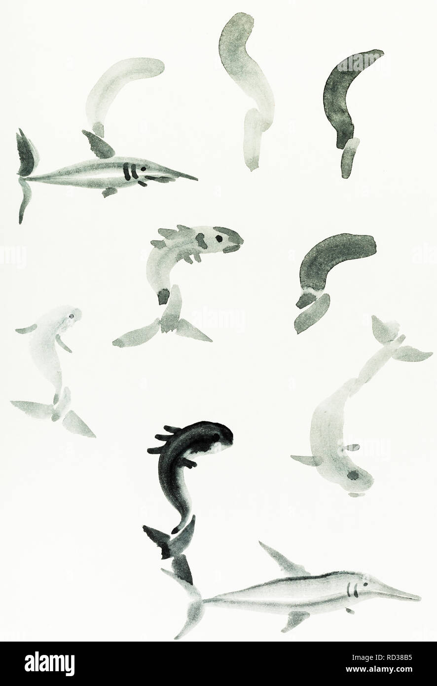 La formation en dessin sumi-e (suibokuga) with style - Esquisses de divers poissons sont dessinés à la main sur papier crème Banque D'Images