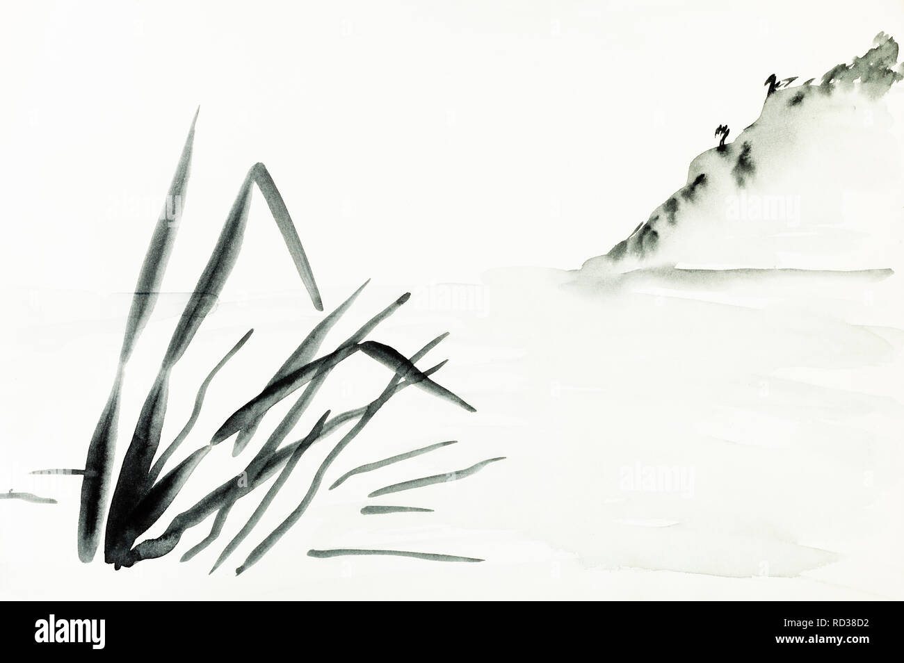 La formation en dessin sumi-e (suibokuga) with style - vue du rivage avec pente de montagne est dessiné à la main sur papier crème Banque D'Images