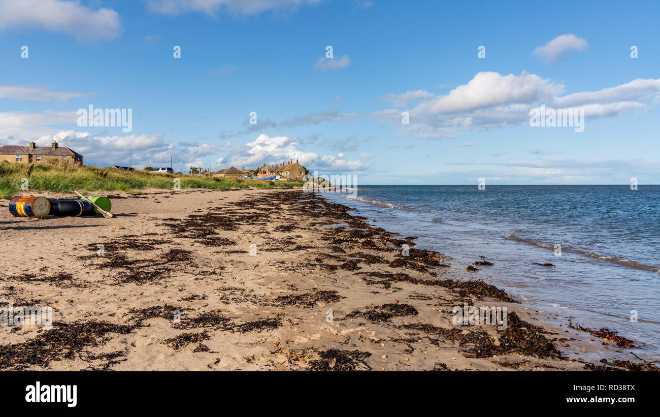 Côte de la mer du Nord dans la région de Northumberland, Angleterre Boulmer, UK - avec quelques barils sur la plage Banque D'Images