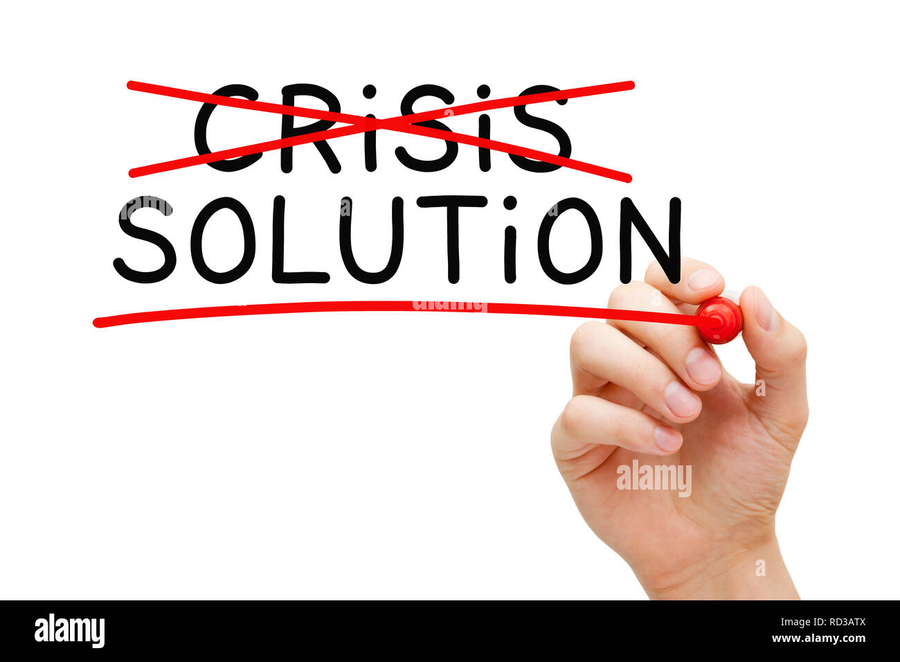 La main de la gestion des crises et de concept de la Solution avec le marqueur sur la carte. Essuyer transparent Banque D'Images